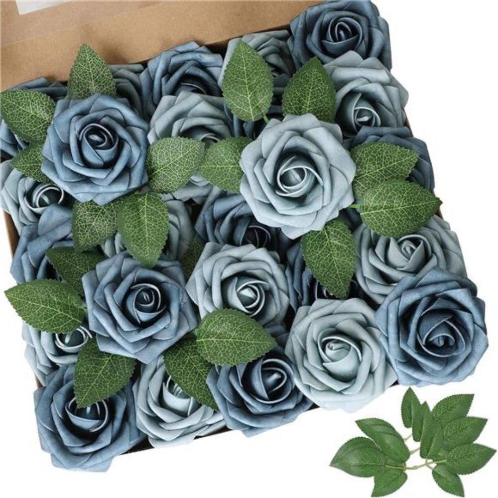 Artificial Flower Dusty Blue Shades Rose 25pcs Real Looking Fake Roses w/Stem